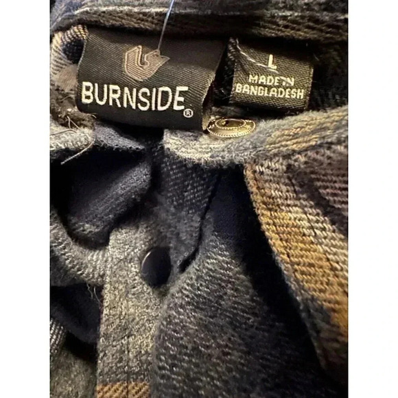 Burnside Shirt Men's Large Blue Plaid Flannel Button Front Patch dirtlabs Adult - Picture 16 of 16